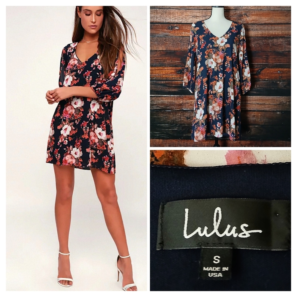 Lulus Shift Dress S Navy Blue Floral Cold Shoulder Shifting Dears USA Made